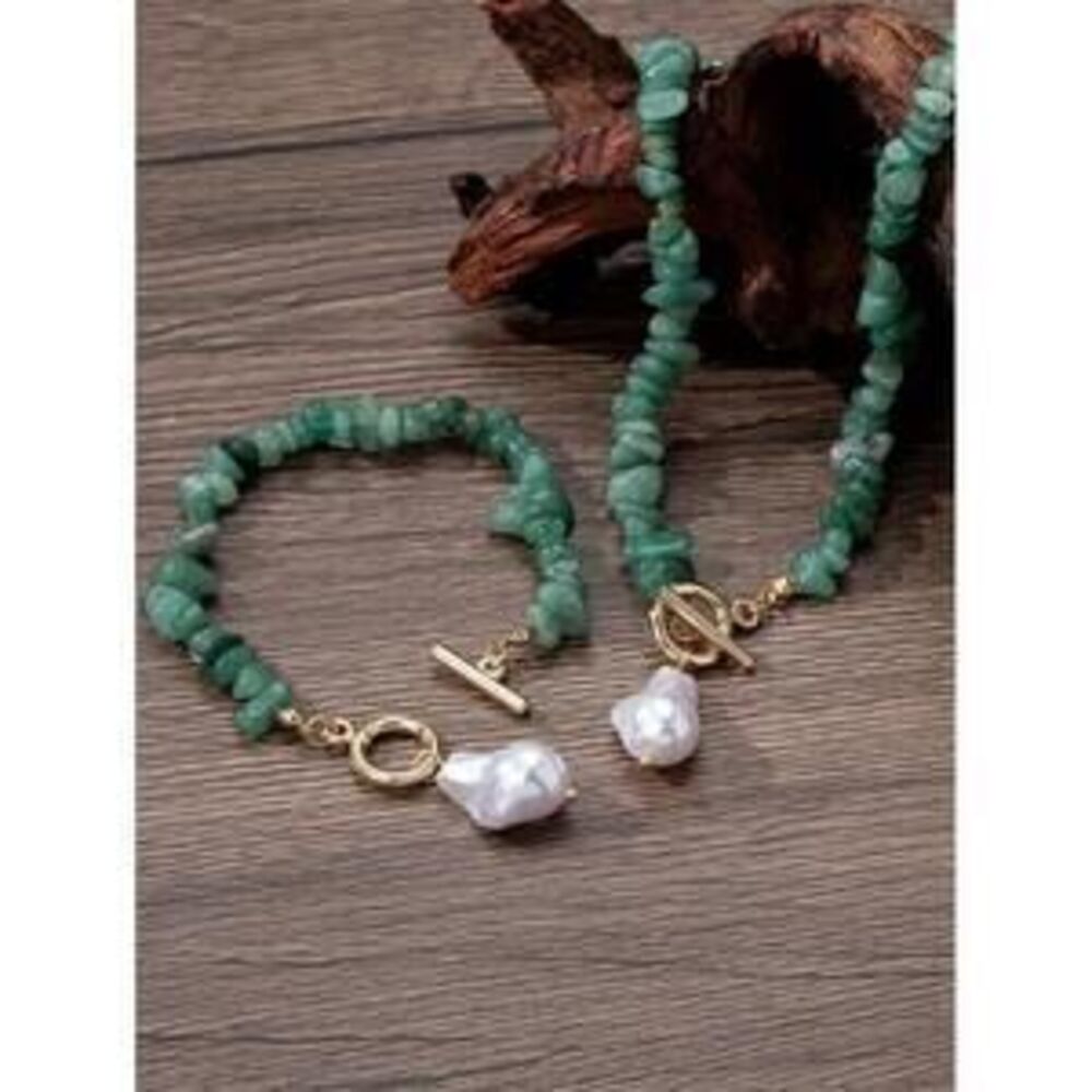 Turquoise Chip & Faux Baroque Pearl Jewelry Set, Includes 2 Allo Y2K Minimalist - Picture 4 of 6